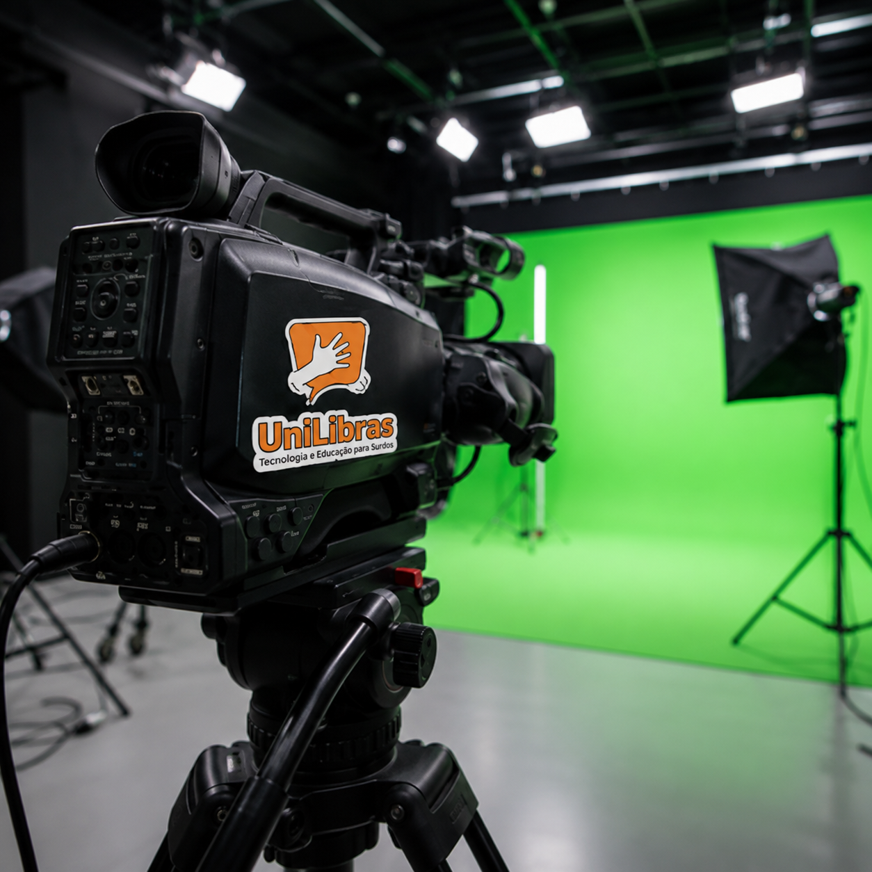 Estúdio audiovisual da UniLibras com câmera profissional, iluminação e fundo chroma key